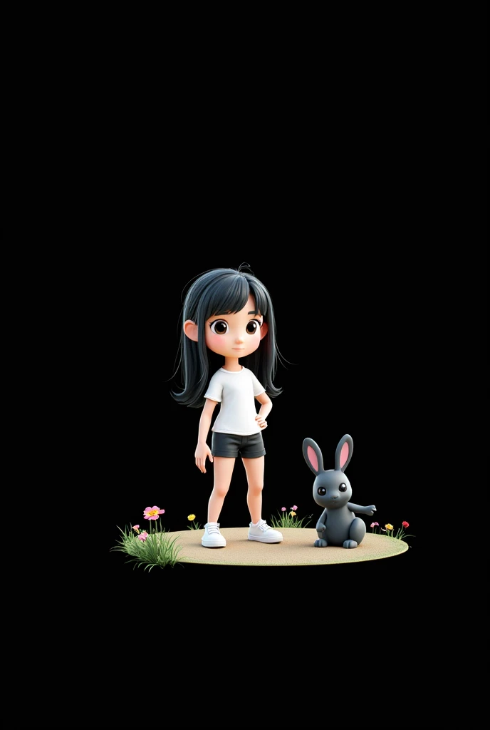 Cartoon character of a woman with straight black hair, eyes black, wears a white blouse and black short shorts, wears white sneakers and has a very cute black rabbit. She is in a flowery park, animation character, stylized character, animation style rendering, 3d stylized, Arnold Maya rendering, Stylized 3D rendering, toon render screenshot, 3d character, 3d character, Stylized 3D rendering, 3D character rendering, cartoon character, Personagem de close up, character posing,  (Pixar-style) (master part:1.2) (bokeh) (best qualityer) (skin detailed) (detailed texture) (8k) (Argilla) (cinematic lighting) (sharp focus