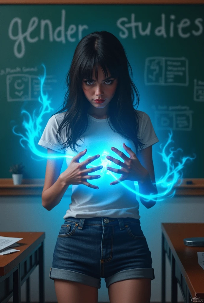 A sexy emo girl screaming in front of a classroom. A blackboard behind her says "Gender Studies" written in chalk. Holding her tits in her hands. She os surrounded a blue magical glow