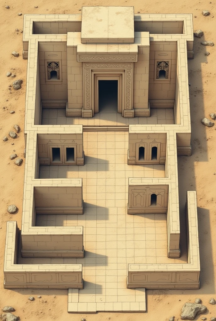 I saw a wall that completely surrounded the temple area. The man took a 3 meter long measuring stick and used it to measure the wall., which was 3 meters thick and 3 meters high.
6 Next, went to the east gate. He climbed the steps and measured the door threshold., que was 3 meters deep. 7 In the entrance passage, there were rooms for guards on each side. Each of the rooms was square and measured 3 meters on each side., and the distance between the rooms was 2,5 meters ao longo da parede da passagem. The inner door sill, which led to the portico at the inner end of the entrance passage, was 3 meters deep. 8 He also measures the portico. 9 It was 4 meters long and its columns were 1 meter thick. This portico was the inner end of the entrance passage and faced the temple..
10 There were three rooms on each side of the entrance passage. Each one had the same measurements, and the walls between them were also identical. 11 Then the average man the gateway, que tinha 5 meters de largura e 6,5 meters de comprimento na passagem. 12 In front of each room there was a low wall with 0,5 meters high. The rooms themselves were 3 meters on each side..
13 Then he measures the entire width of the door, the distance from the back wall of one guard room to the back wall of another room; this distance was 12,5 meters. 14 Medium the dividing walls along the entire interior of the passage to the portico; the distance was 30 meters. 15 The total length of the passage, from one end to the other, era de 25 meters. 16 In the walls of the rooms and in their dividing walls there were internal windows that narrowed towards the inside. There were also windows in the portico. The surfaces of the dividing walls were adorned with palm tree highlights.