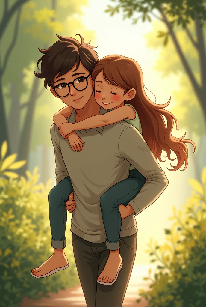 can u share cute art where couple is backbone of each other
make one make, one is female with long hair, where male is supporting the female, carrying her on back, male has glasses