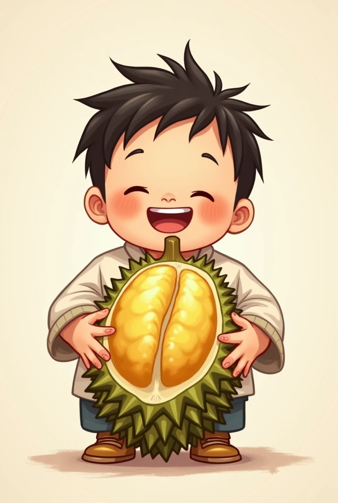 A chubby boy cartoon smiling while holding "musang king" durian.