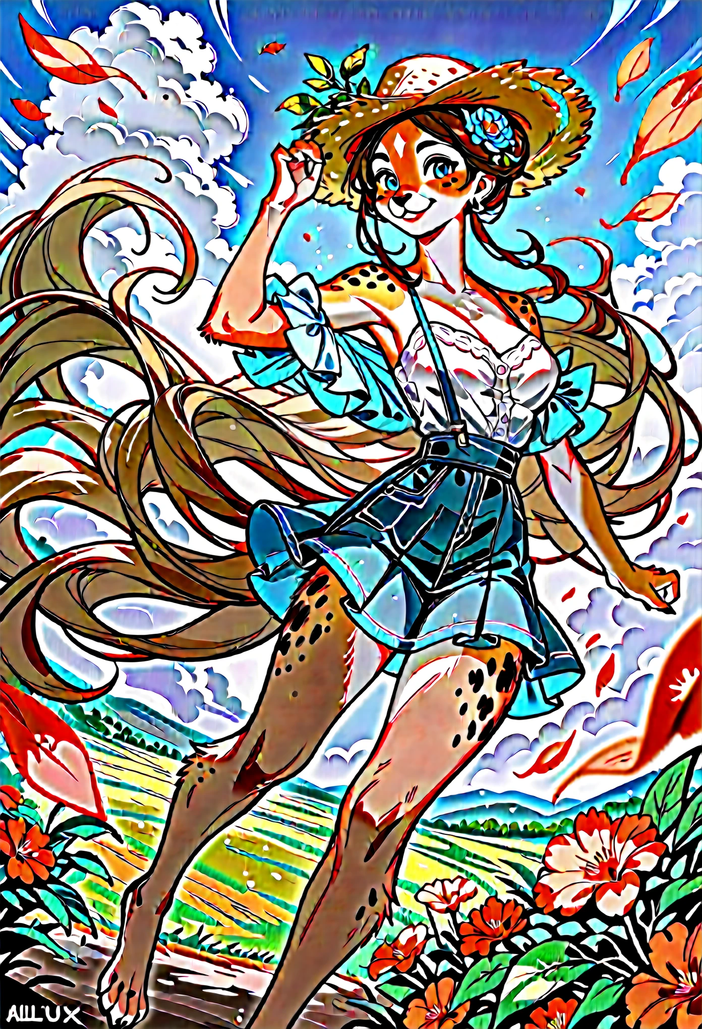 rating_safe, score_9, score_8_up, score_7_up, score_6_up, score_5_up, score_4_up, hires, source_furry(one scene of movie)nature, farm, Blue sky, clouds, florals Beautiful garden(furry anthro, solo, girl, casual fashion, Relux pose, Smile)cinematic lighting, dynamic angle,