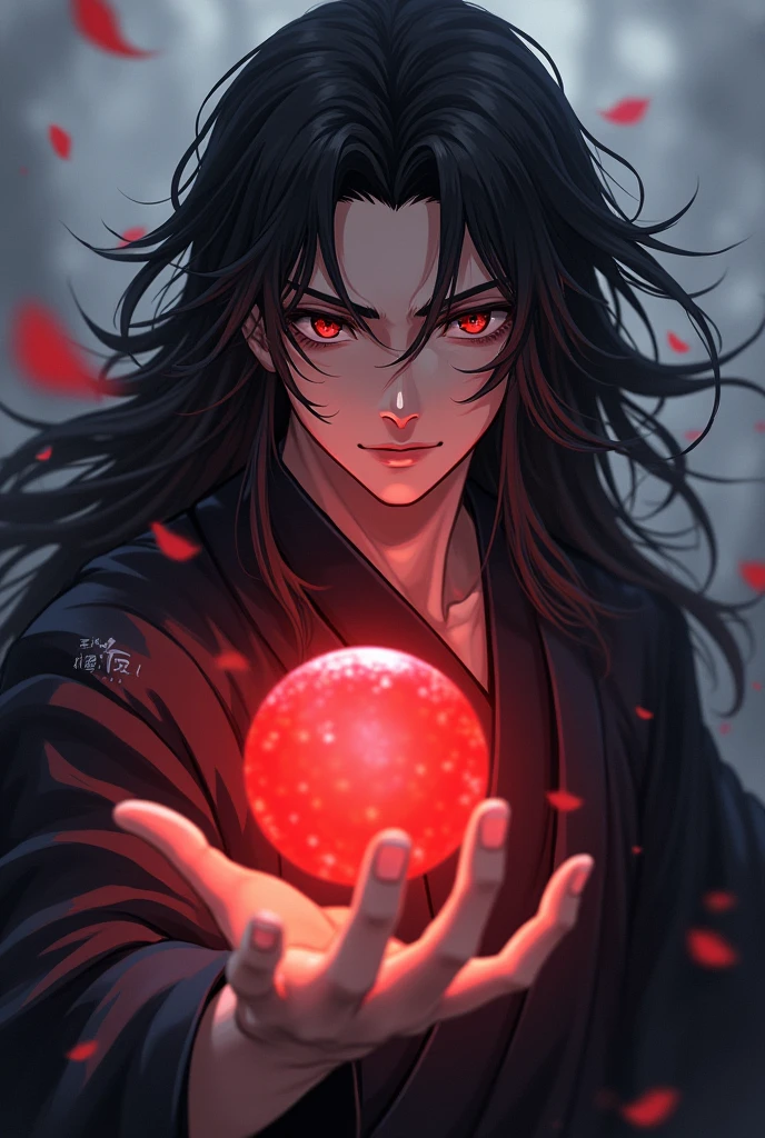 black haired, cold looking man, black eyes, long hair, majestic features, wearing a kimono, holding a glowing red ball of energy in his hand, novel cover.