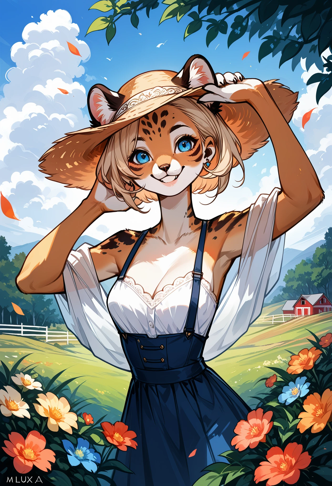 rating_safe, score_9, score_8_up, score_7_up, score_6_up, score_5_up, score_4_up, hires, source_furry(one scene of movie)nature, farm, Blue sky, clouds, florals Beautiful garden(furry anthro, solo, girl, casual fashion, Relux pose, Smile)cinematic lighting, dynamic angle,