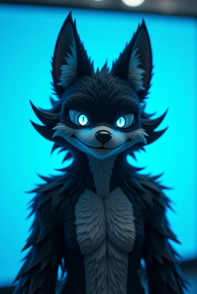A furry anthro protogen, black fur, gray stripes on fur, blue screen, smug smile.