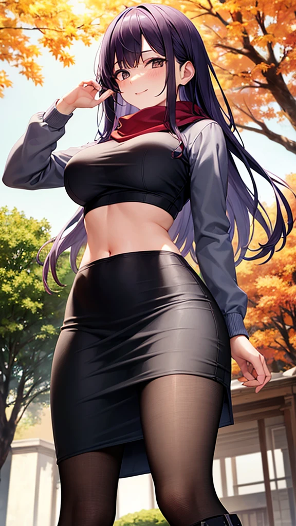 masterpiece, best quality, high detail, beautiful woman, solo focus, long hair, purple hair, large bust, white sweater cropped, black midi pencil skirt, (((long black skirt))), tight pencil skirt, midriff, navel, wide hips, red scarf, boots, looking at viewer, light smile, upper body, view from below, full-face blush, fall background, autumn leaves, tree, park, garden