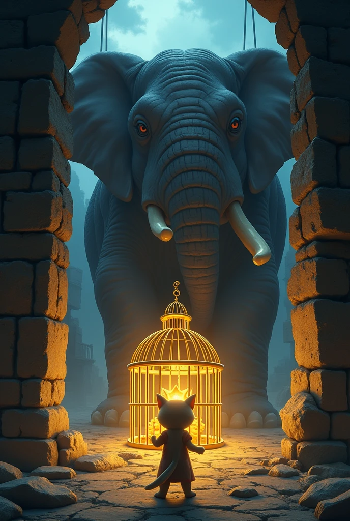 **Captain Whiskers Rescuing Paws:**
- Inside the dimly lit fortress, Captain Whiskers stands in front of a golden cage holding his small daughter, Paws. The cat-warrior has a focused expression as he unlocks the cage, while in the background, the giant elephant, Titan, appears in the doorway, blocking the only exit. The scene is tense, with both characters ready for action.