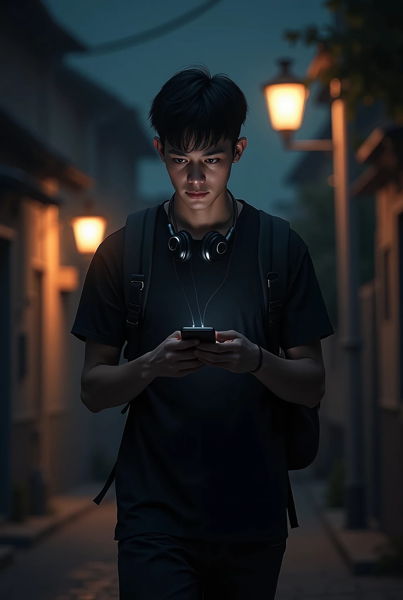 (photorealism:1.2), a handsome young man(1 inch short hair, wearing a slim fit black t-shirt, headphones around his neck, backpack, walking down the alley towards his house, dithe night, holding a cellphone(like real), the night, , the street light shines on him.
