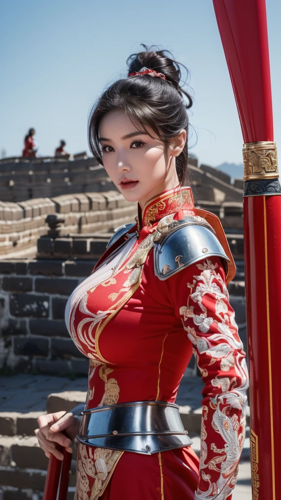 (1 female)), ((16K)), Mature Woman, ((((Female warrior with nunchucks))))、(((Attractive Asian Model:1.0))),((Beautiful Asian Model))、(((China dress)))、(((Chinese National Costume)))、(((Toned body))),(((Big Breasts))),(((Big Breasts))), ((8k, Highest quality:1.2))、((masterpiece)), High resolution, (Skin Texture:1.1), Highest quality, 超High resolution, (Realistic: 1.4), RAW Photos,((Perfect Face))、Age 35, Toned body, Black Hair,A well-trained body、 (Red and white outfit)、((The background is the Great Wall.)),(((The background is the Great Wall.))), ((Female Warrior with a Sword)), masterpiece, ((Ultra HD)), Insane Details, Realistic, Detailed face, 詳細なSkin Texture, Blurred Background, (( Wearing a breastplate)), (((Big Breasts))), (Ancient fantasy soldiers),(Ancient soldier armor),Combat Accessories,vision, Perfect Face, Delicate eyes, Voluminous lips, Slit eyes、Big eyes, ((Image of China))、(((Armor with intricate patterns))、Looking into the camera、Looking into the camera、Metal shoulder pads、