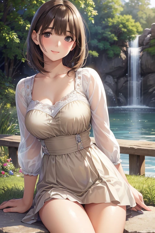 masterpiece, best quality, detailed, pov, 1girl, hilda, blue eyes, brown hair, long hair, ponytail, white lace lingerie, smug, standing, grassy field, gazebo, lake background,