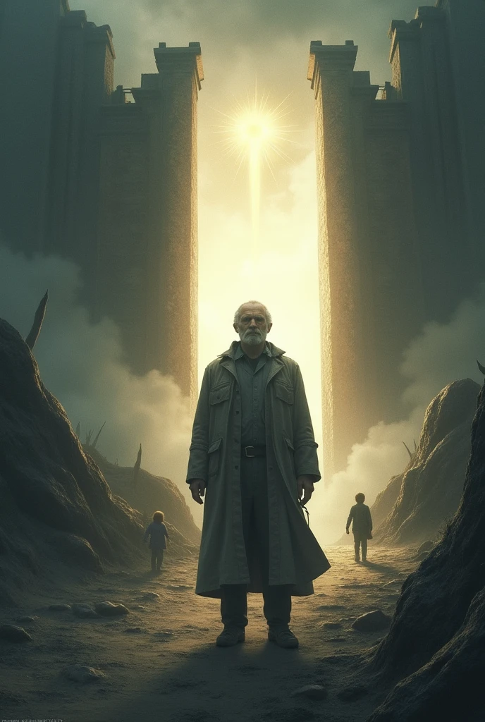 There is a road that leads to the gates of heaven. On the right side a father stands alone before the gates of heaven. An the other side there is another road that leads to hell. The father is alone, looking back to his left and sees his kids in the distant playing at the gates of hell