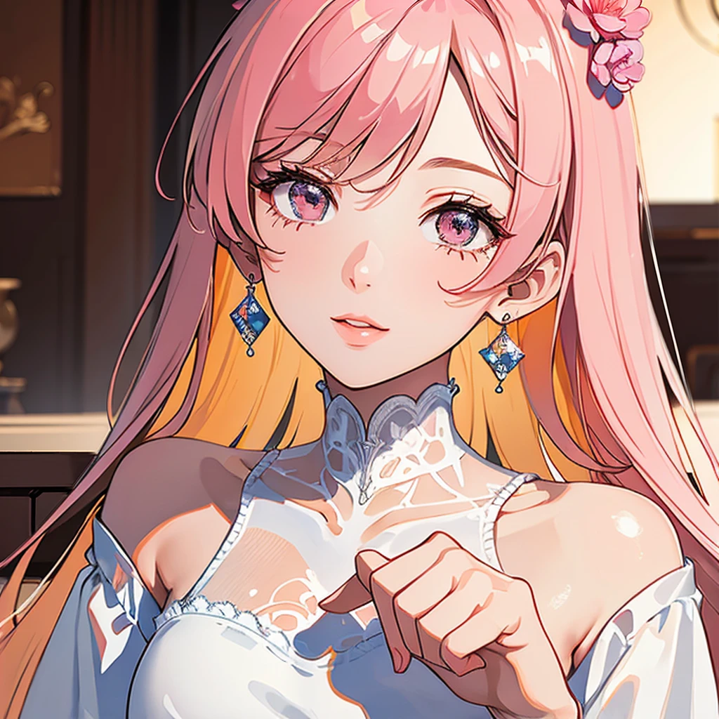 (masterpiece, high quality, best quality, 4k, 8k:1.4), 1girl, solo, pink hair, brown eyes, double-parted bangs, long hair, (mature female, mature:1.2), mole under eye, earrings, white flowy dress, close up, detailed face, beautiful detailed eyes, beautiful detailed lips, extremely detailed face, long eyelashes, intricate details, cinematic lighting, warm color palette, chair, sitting, indoors