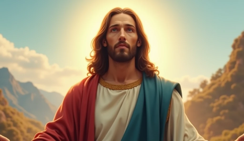 Image of Jesus Christ in high definition. He should be portrayed with a calm and welcoming expression, wearing a white tunic and a simple cloak in shades of red and blue. The surrounding scenery should be bright, with a faint aura of golden light radiating from his head, symbolizing holiness. The background can be a soft landscape with mountains in the distance and a clear sky.. The style of the image should evoke a sense of peace, spirituality and reverence, com cores vibrantes e detalhes realistas."