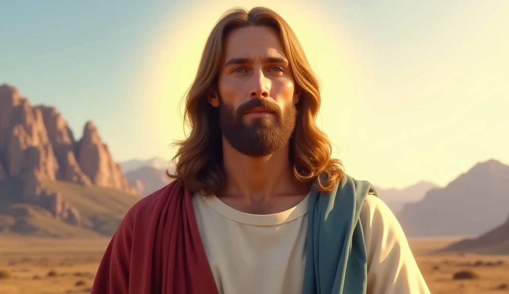  Image of Jesus Christ in high definition. He should be portrayed with a calm and welcoming expression, wearing a white tunic and a simple cloak in shades of red and blue. The surrounding scenery should be bright, with a faint aura of golden light radiating from his head, symbolizing holiness. The background can be a soft landscape with mountains in the distance and a clear sky.. The style of the image should evoke a sense of peace, spirituality and reverence, com cores vibrantes e detalhes realistas."