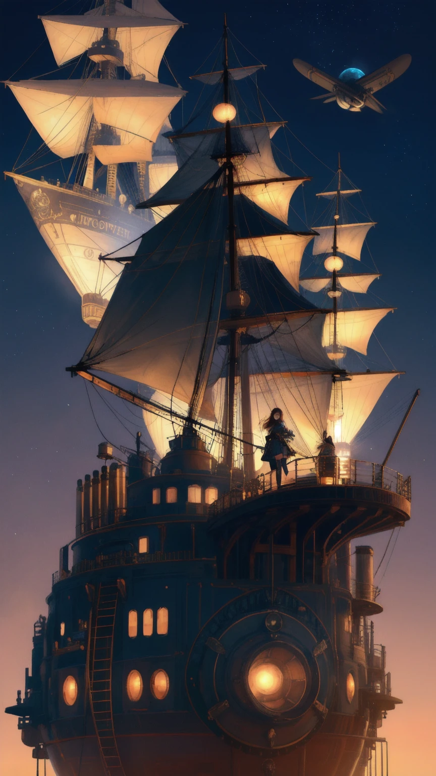 Illustrate an adventurous setting on the 'Early Adopter's Cruiser' with a beautiful girl, dressed in steampunk attire, gazing out over a sprawling, futuristic city filled with flying ships and advanced technology. The background must be blue, with planets, airships, and Bitcoin symbols spreading across the sky, representing the blend of tradition and forward-thinking innovation.