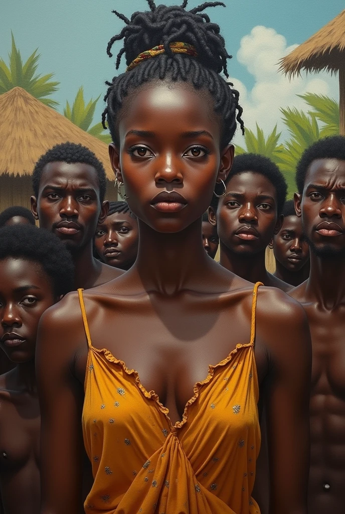 Create a picture of Mimme a beautiful African woman trying to hold back her tears when being mocked by her neighbors in a village setting