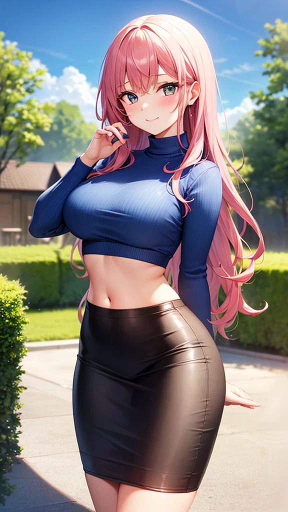 masterpiece, best quality, high detail, beautiful woman, solo focus, long wavy hair, pink hair, large bust, ((blue sweater)), black midi pencil skirt, long skirt:1.2, midriff, navel, wide hips, looking at viewer, full-face blush, light smile, backyard, cloudy sky,