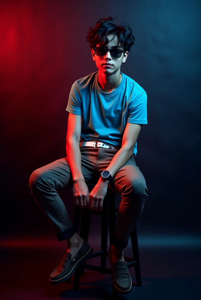 A tan boy with and black wave hair and wearing a sunglass, sky blue short sleeve shirt tucked with dark brown belt with white pants , old watch, dark brown loafers and sitting on black stool and black background around red and blue light on it the boy turning right side and seeing right side