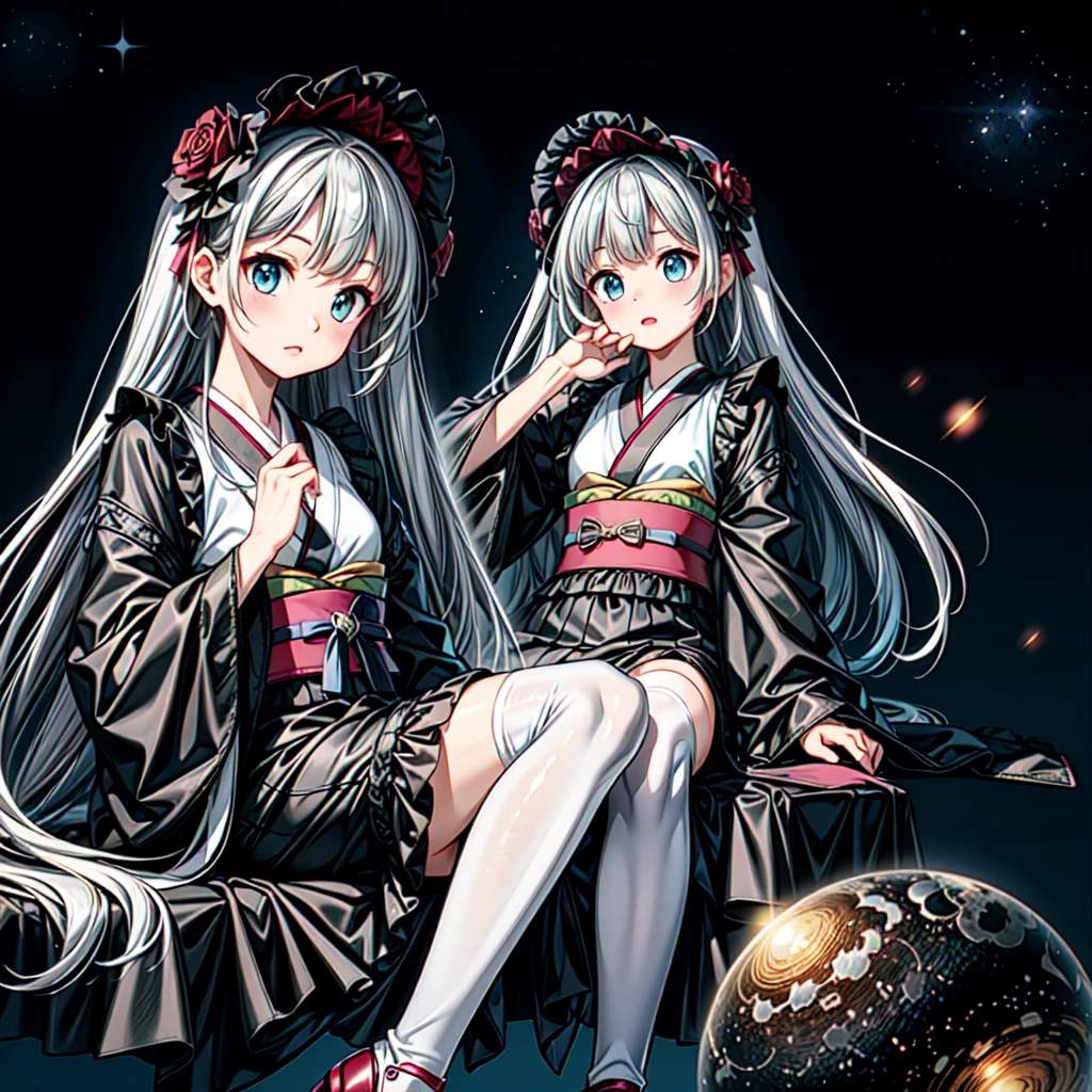 Star Fairy、(Masterpiece、Highest quality、Official Art、Super detailed)、Dynamic composition、Perfect Anatomy、One person sitting on the crescent moon、「Beautifully printed galaxy patterned kimono and gothic costume、Space patterned frill box pleat mini skirt、Frontal portrait、Knee-high boots、Captivating eyes、Perfect and amazing face、Exquisite details、Clear images、Highest quality。」Milky white and light blue gradient long straight hair、