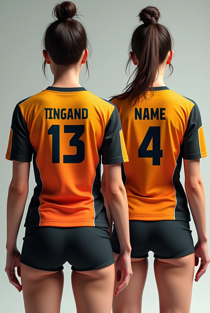 Let's create a volleyball team shirt.
Team Name Review.
Team mascot a Lion Player name Nery Player number 14 The team name and mascot are printed on the shirt on the front, on the back are the player's name and number.
Bring a futuristic style to the shirt in orange colors, yellow and black showing all sides of the shirt.
Bring front and back perspectives with two models, volleyball players with the shirts.
I need to see the shirts in full.