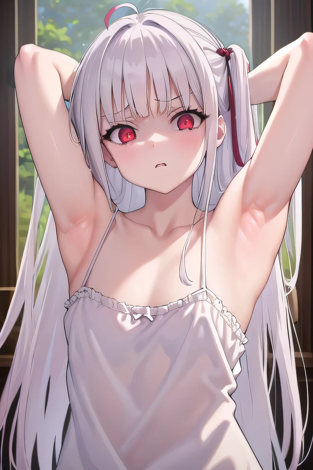 masterpiece, best quality, ultra-high-detailed, disgusted face, white hair, red eyes, sigtuna julie , small breast, arm behind head, left arm, fit body, unpleasure, disdaining , furious , arms up, one armpit , spread armpit , face to face, focus to face, Selfie, upper shoulder shot, arms front, teasing, near camera , cynical look eyes, near shot, shoulder shot, armpit to viewer , camisole 