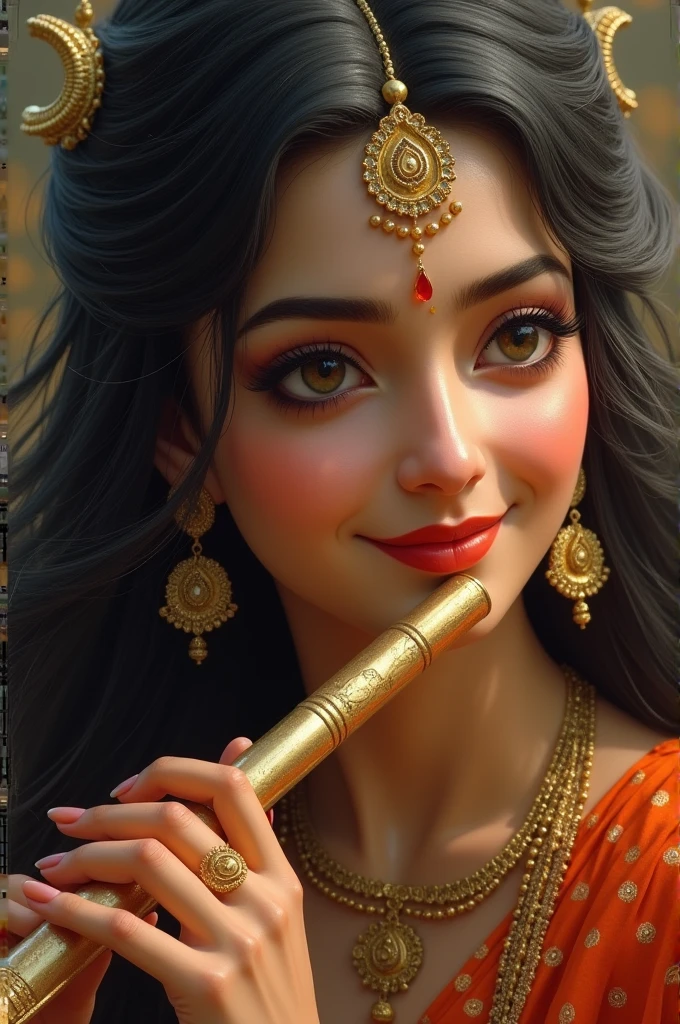 Radharani with flute, only face, smiling face
