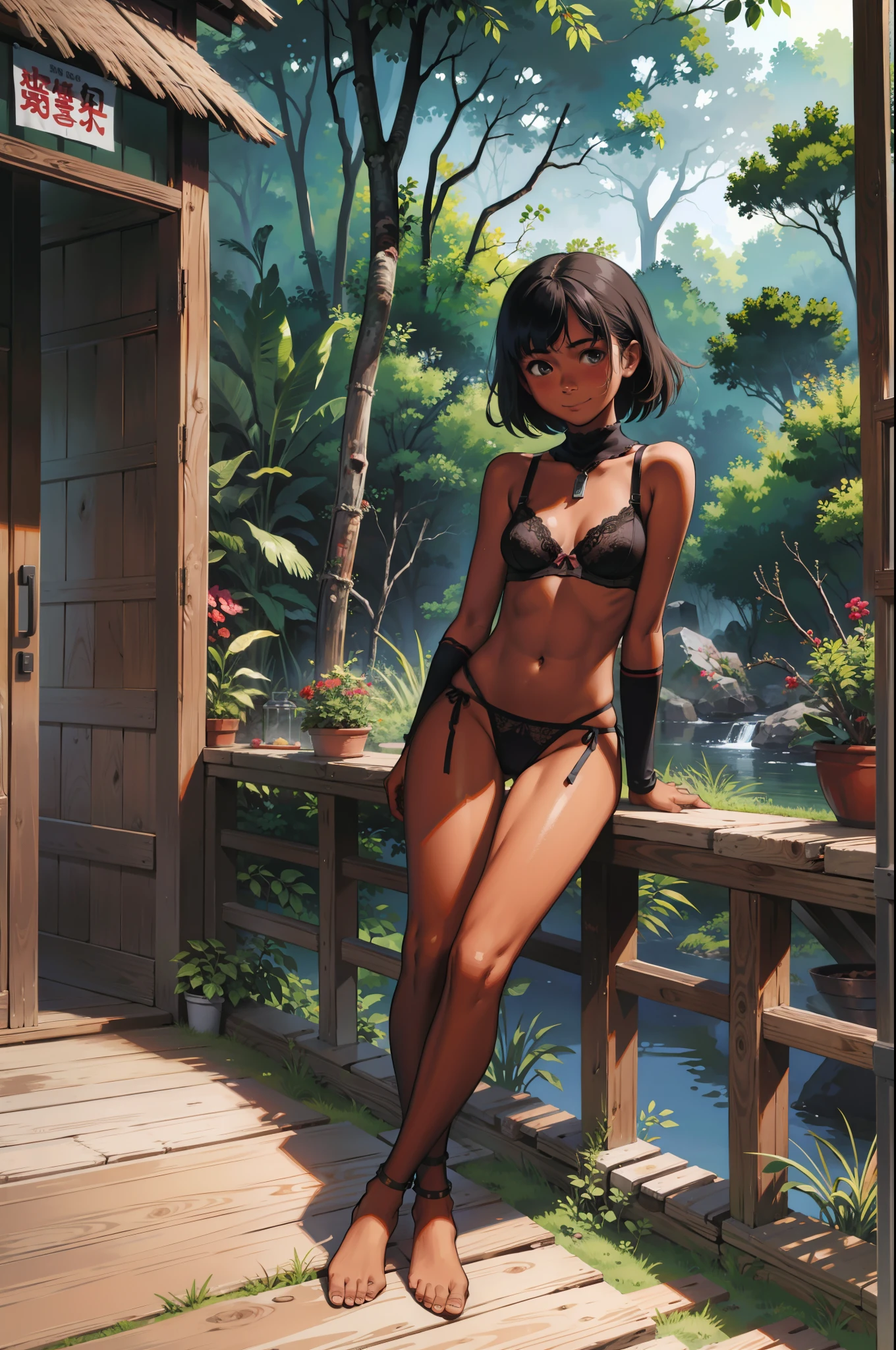 (masterpiece, best quality:1.2), nsfw, (comic lo, takamichi style), (1girl, solo), 15years old, (upper body, slim body), (front view, looking at viewer), (black skin, dark skin), (small breasts, see-through bra), armpit by both arms, (smile, blush:1.1), (outdoors, Amazon, jungle)