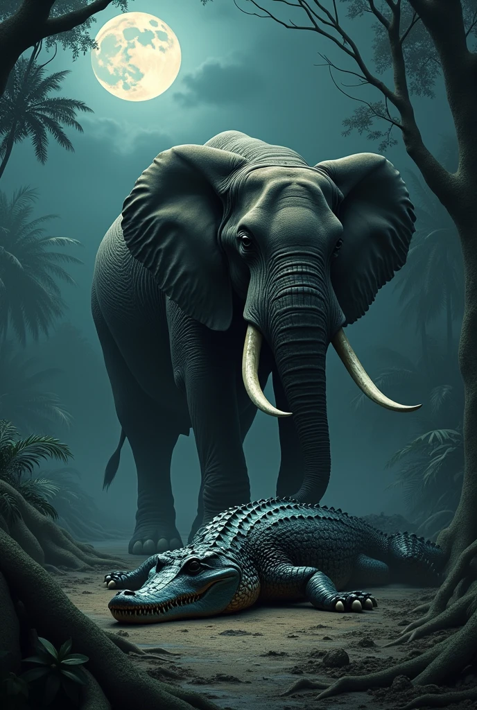 In a moonlit jungle, a crocodile lies dead on the ground with its face facing forward. An elephant stands with one foot on the crocodile and the other foot behind it.