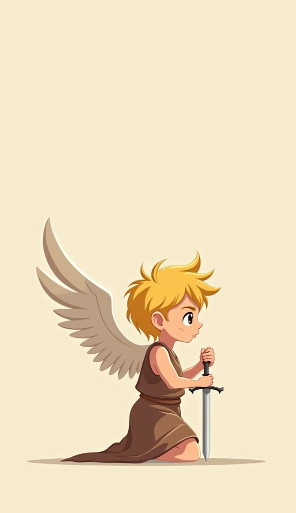 The Archangel Michael, kneeling praying, full body, blonde hair, wearing a tunic, brown eyes, in profile in battle order with a sword in his hand, wings open, children's cartoon style, minimalist