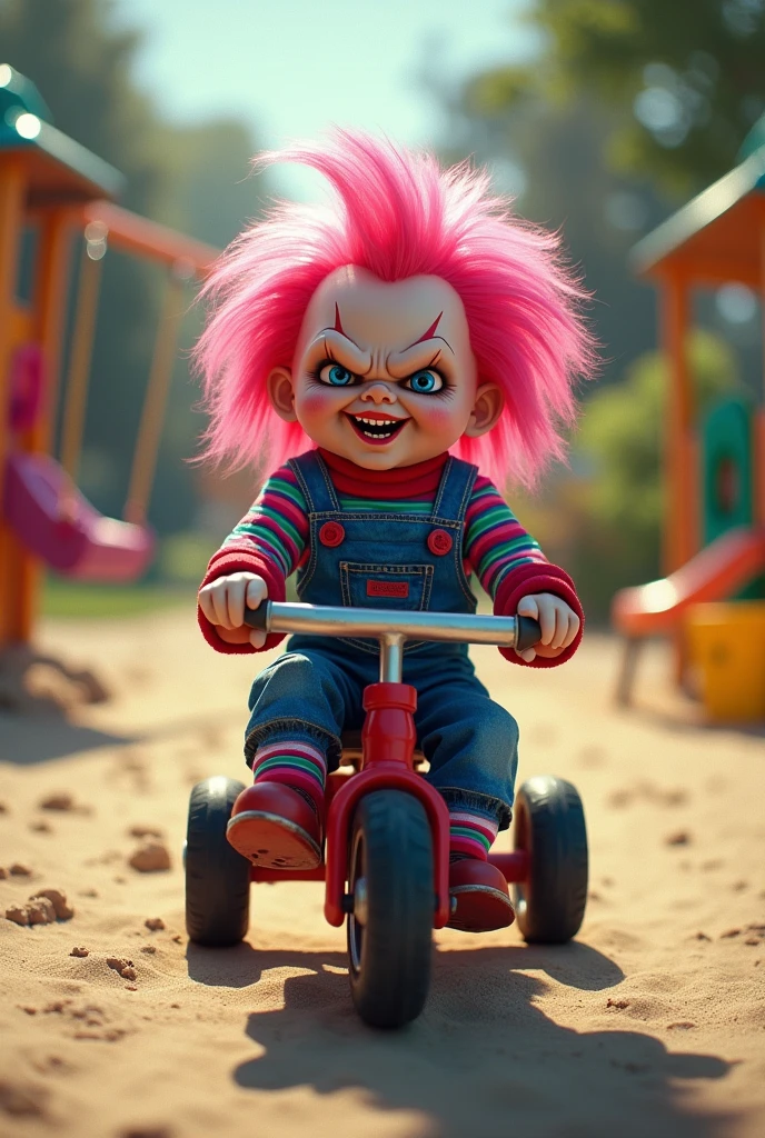 Chucky doll with pink hair riding a tricycle in a playground all smiling