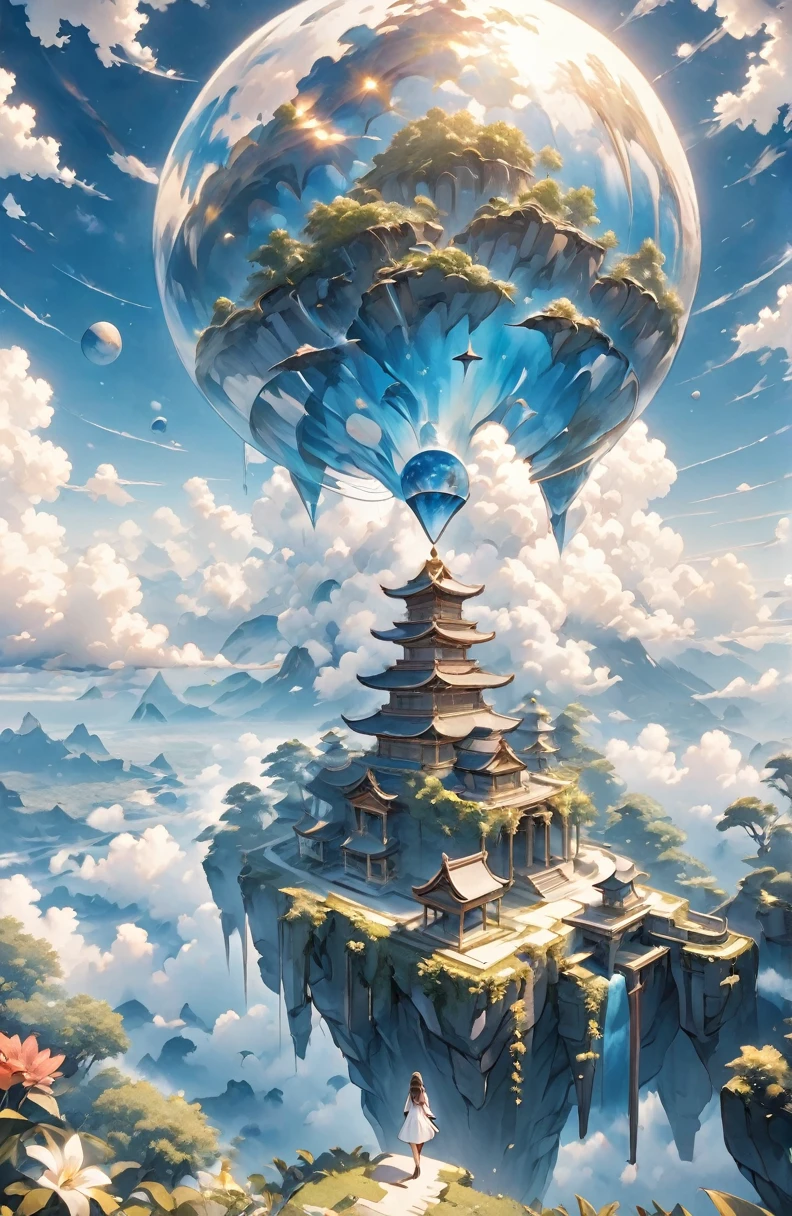Beautiful girl、Mystical Feelings、cute１７of age、Walking above the clouds,Walking in the sky、A garden towering into the clouds、超High resolution, High resolution, 4K, 8k,close,、Hanging Garden、Girl in the sky、、Atmosphere、Surrounded by clouds、The blue world、 Aerial Photography、Skywalk、Ancient Temple、