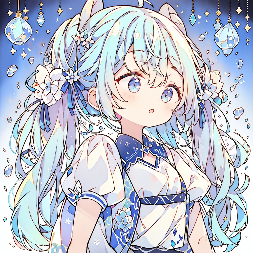 Long Hair, bangs, Blue Hair/Light blue hair, snowflake hair accessories,Twin tails,Hair Flower, 