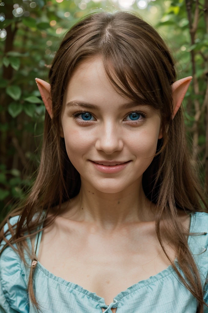 Create a high-quality portrait image of a 16 years joyful half-elf girl. Focus on her expressive face, highlighting her bright blue eyes filled with wonder and her wide, smile that radiates happiness. Her long pointed elf-like ears should be visible, peeking out from beneath her wavy, chestnut brown hair, which is adorned with small, colorful flowers. Capture the delicate details of her features, emphasizing her youthful and playful expression. The background should be softly blurred, suggesting a sunlit woodland glade, with warm light creating a gentle glow around her, enhancing the magical and joyful atmosphere