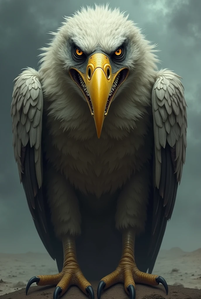 Drawing of a yellow-beaked vulture with an evil smile 
