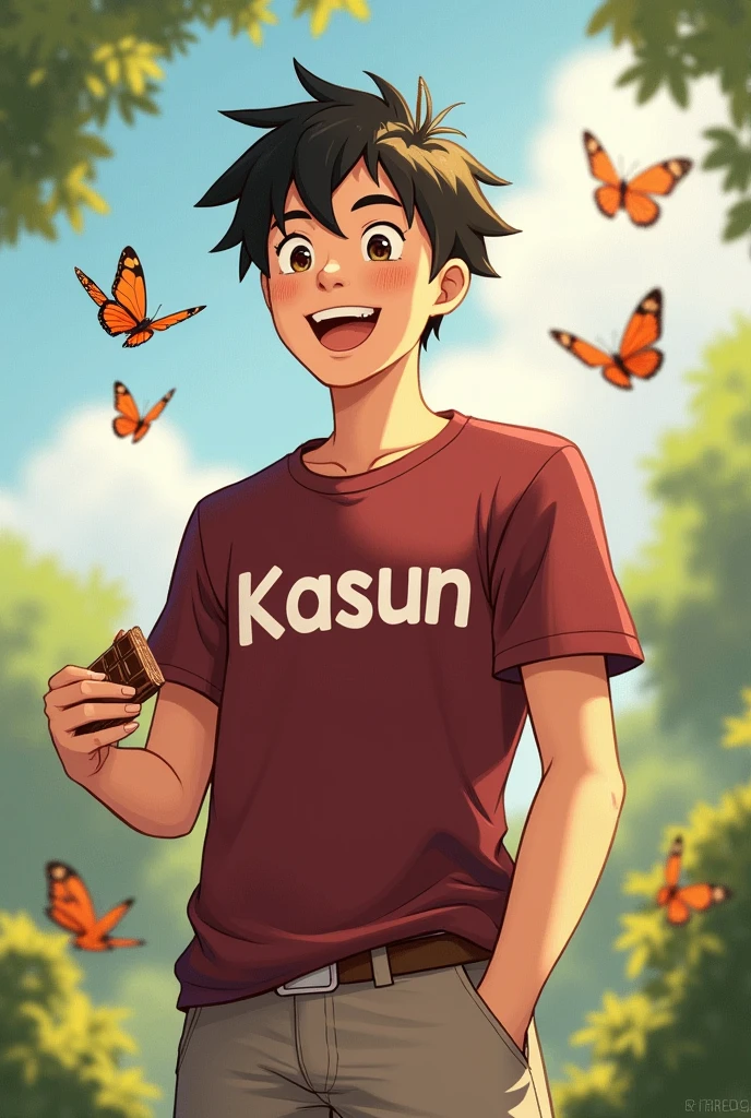 A elder single boy wearing a ash colour short and marron colour t-shirt. Printed "Kasun" on the t-shirt he is smiling wel.some butterflys are flying around him, and they comes in his body.chocolate and smaal comb on his hand.