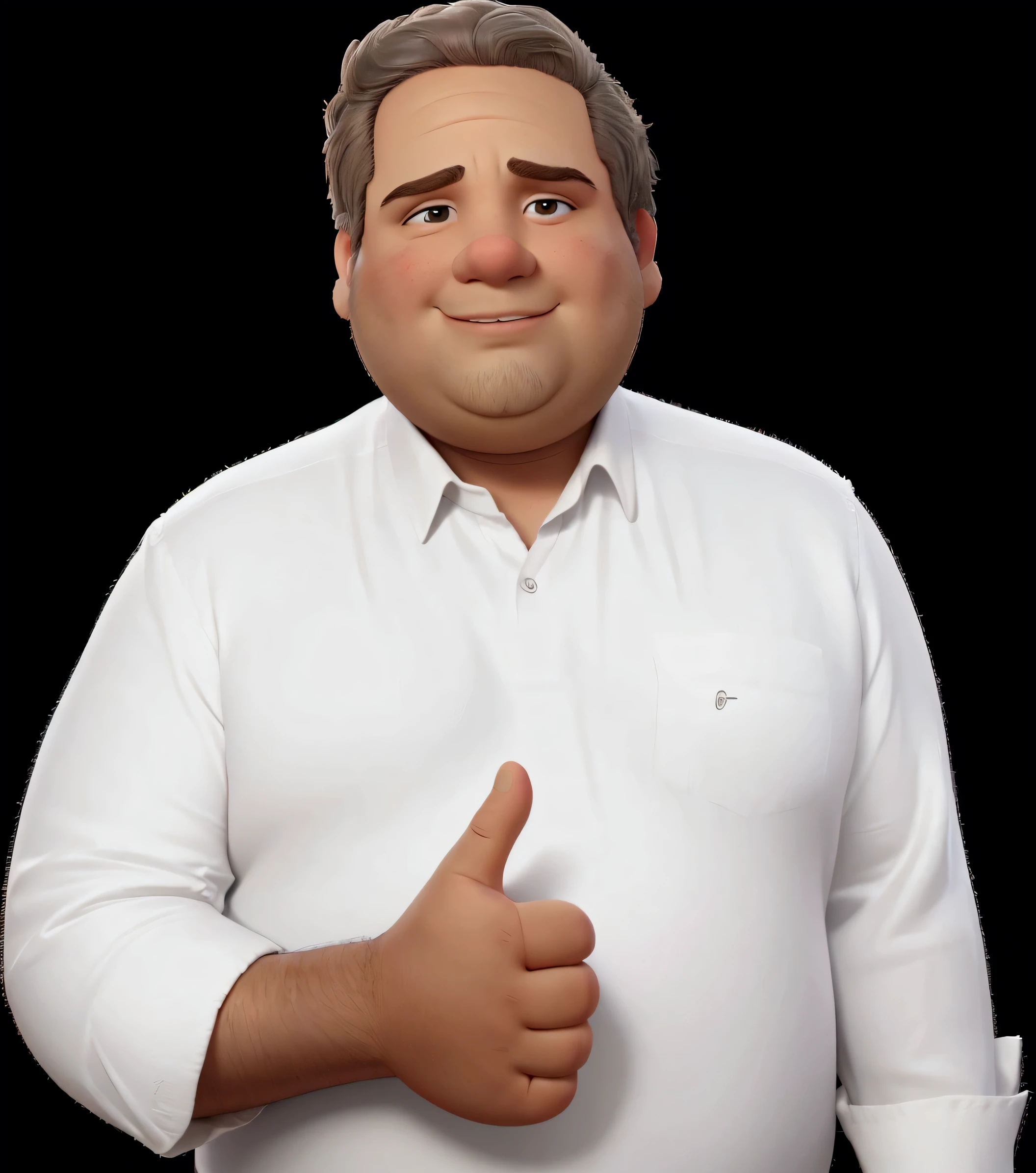 A chubby man, with a thick beard, making a thumbs up sign with his right hand, gray hair low,