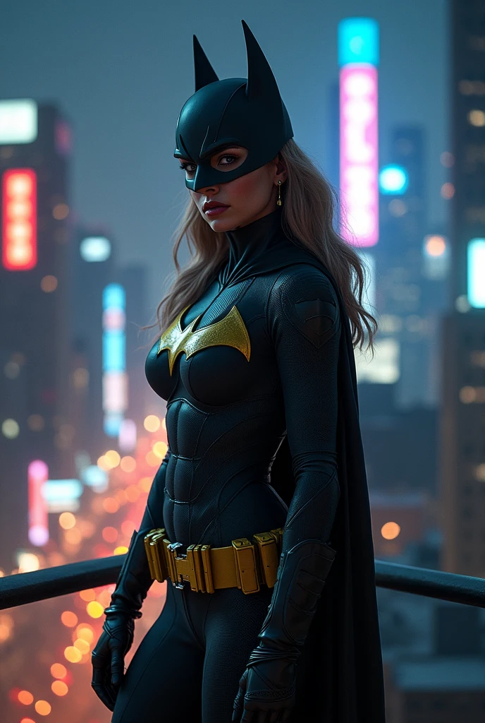 she is standing on a rooftop at night, overlooking the cityscape, wearing a (Batgirl costume with intricate details:1.6), holding a grappling hook and utility belt, looking out over the city, eyes narrowed in determination. The skyline behind her is lit up by neon signs and towering skyscrapers. (Nighttime atmosphere:1.5). Soft focus on her face, slight blur on the background.