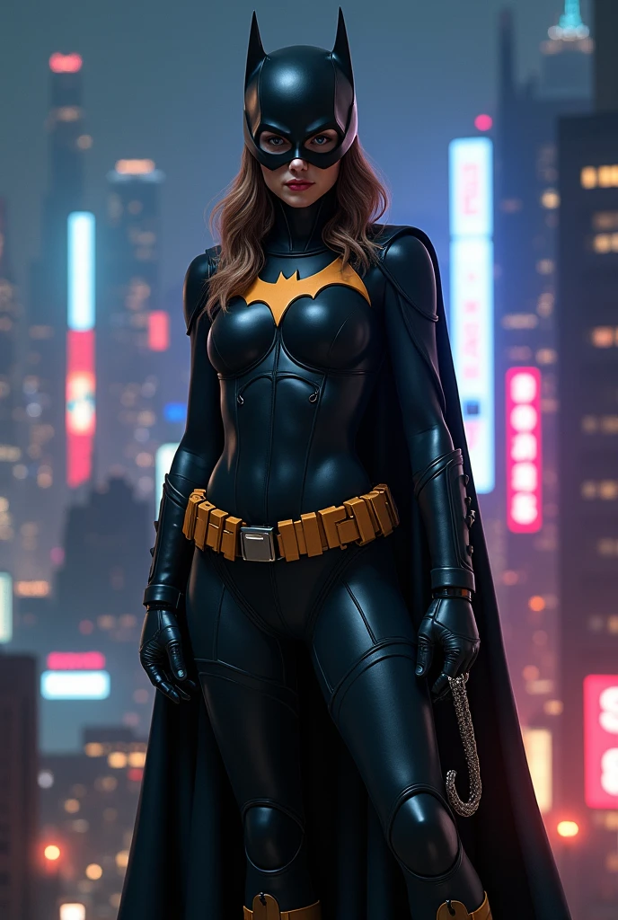 she is standing on a rooftop at night, overlooking the cityscape, wearing a (Batgirl costume with intricate details:1.6), holding a grappling hook and utility belt, looking out over the city, eyes narrowed in determination. The skyline behind her is lit up by neon signs and towering skyscrapers. (Nighttime atmosphere:1.5). Soft focus on her face, slight blur on the background.