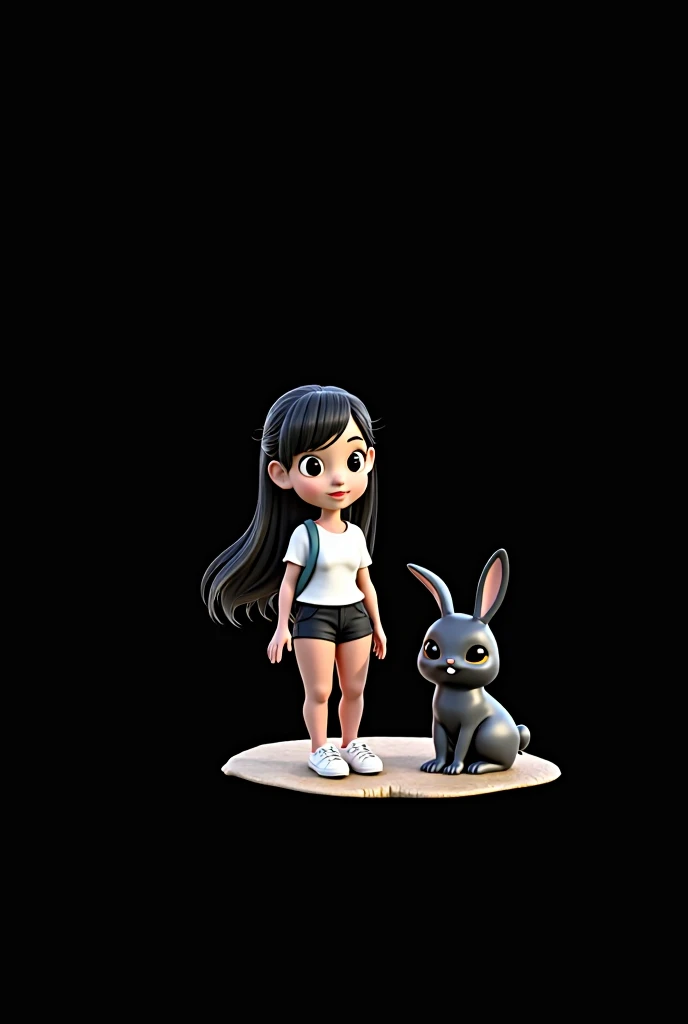 Cartoon character of a woman with straight black hair, eyes black, wears a white blouse and black short shorts, wears white sneakers and has a very cute black rabbit. She is in a flowery park, animation character, stylized character, animation style rendering, 3d stylized, Arnold Maya rendering, Stylized 3D rendering, toon render screenshot, 3d character, 3d character, Stylized 3D rendering, 3D character rendering, cartoon character, Personagem de close up, character posing,  (Pixar-style) (master part:1.2) (bokeh) (best qualityer) (skin detailed) (detailed texture) (8k) (Argilla) (cinematic lighting) (sharp focus