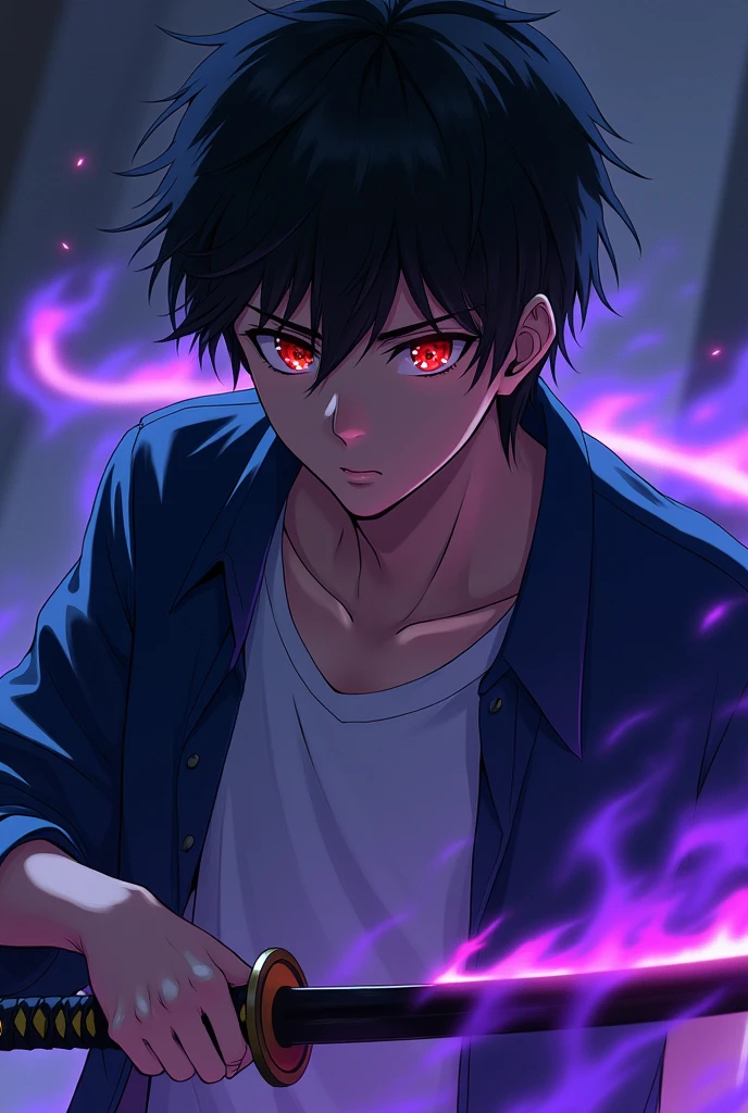 A black haired brown eyed anime boy wearing a white t shirt and a blue jacket was looking forward with murderous eyes he was holding a katana the katana had purple flames and the boy's eyes had red flames