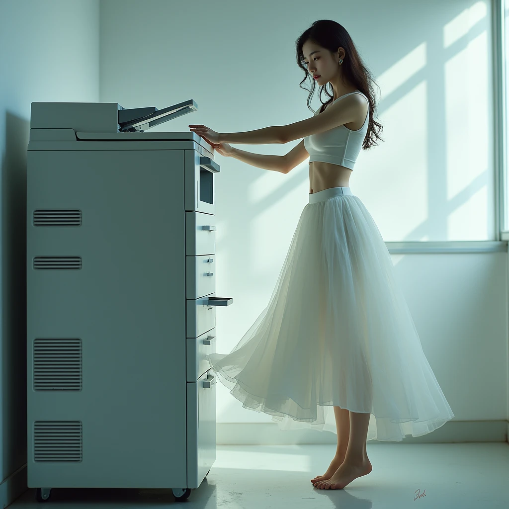 Asian woman in a skirt, putting her body on a photocopy machine, working, as if copying herself, looking at people, the most beautiful in the world, inspired by LISA K-POP