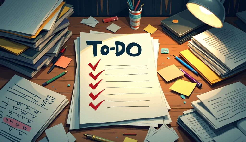 A cluttered desk with papers everywhere, a big to-do list with nothing checked off.