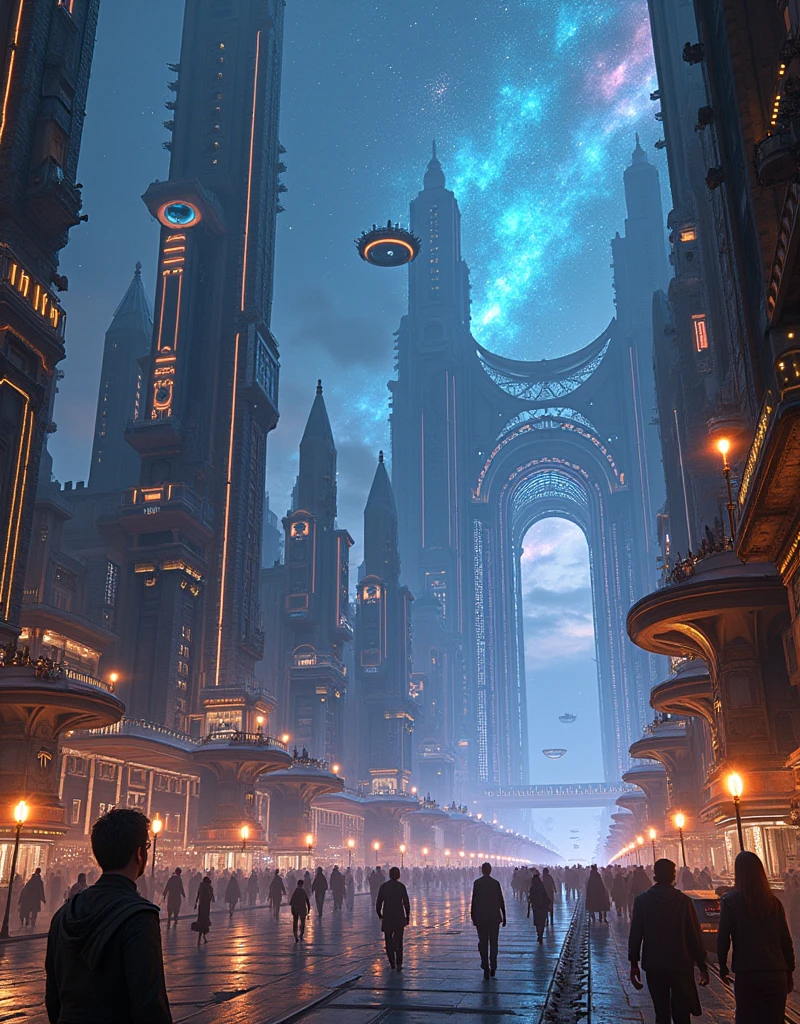 "Generate a 4K, ultra-realistic image of the futuristic city of Nova Aeterna. The cityscape features towering, sleek skyscrapers with glowing neon lines and intricate, otherworldly designs. Flying vehicles hover above the streets, moving between buildings with advanced propulsion systems. The architecture combines elements of cosmic grandeur and ancient influence, with large, arched gateways, floating platforms, and crystalline structures. The sky is a deep cosmic hue with swirling nebulae and distant stars. The city is alive with activity, with diverse inhabitants—humans, extraterrestrials, and sentient machines—moving through the bustling streets. Emphasize the scale, the vibrant colors, and the mix of futuristic and cosmic elements that define this thriving, advanced metropolis."