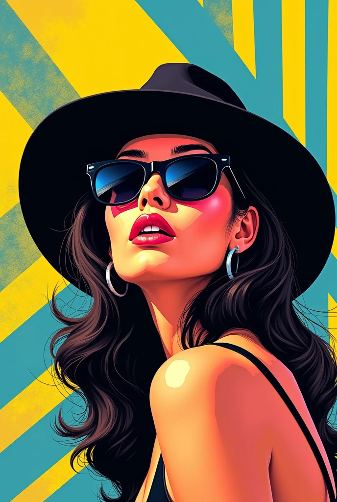an illustration of a girl wearing sunglasses and hat, in the style of mike deodato, bold and colorful graphic design, yellow and azure, #myportfolio, ultra hd, 1970–present, striped painting
