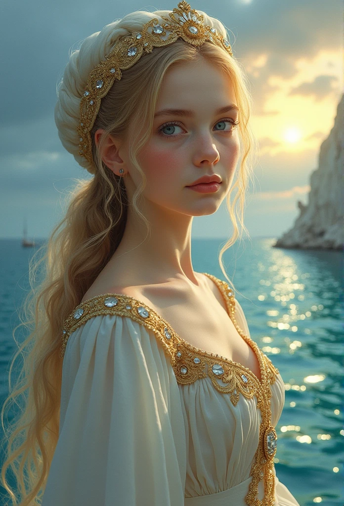 ,((Meilleure qualité))),8k,((chef-d'œuvre)),(Extrêmement raffiné et beau), il y a une fille qui sort de la mer, une princesse cygne dans la mythologie russe, beau visage calme, yeux bleus, longs cheveux blonds tressés, les cheveux tressés par la lune à l'arrière de la tête, vieux vêtements blancs brillants russes avec une couronne Kokoshnik sur la tête, yeux affectueux, un demi sourire, une expression douce sur son visage, paysage marin et lumière du soleil en arrière-plan, mouettes dans le ciel, pleine longueur, le réalisme