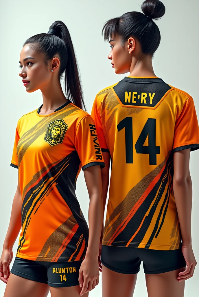 Let&#39;s create a volleyball team shirt.
Team Name Review.
Team mascot a Lion Player name Nery Player number 14 The team name and mascot are printed on the shirt on the front, on the back are the player&#39;s name and number.
Bring a futuristic style to the shirt in orange colors, yellow and black showing all sides of the shirt.
Bring front and back perspectives with two models, volleyball players with the shirts.
I need to see the shirts in full.
Use models with Brazilian people 