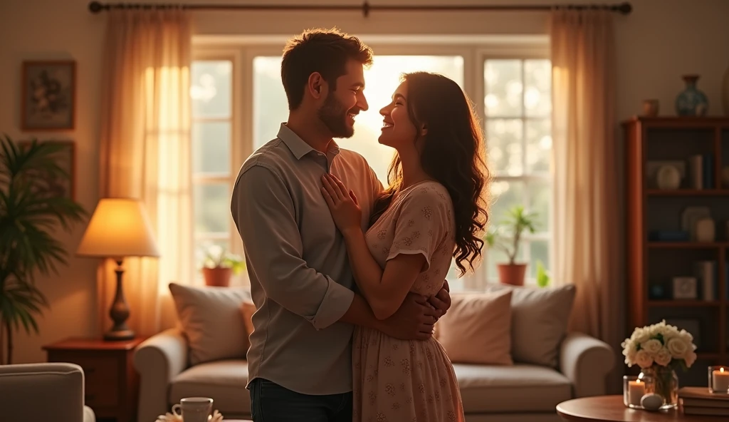 A realistic happy person with commemoring by the other person in the living room, the peoples is a couple.
