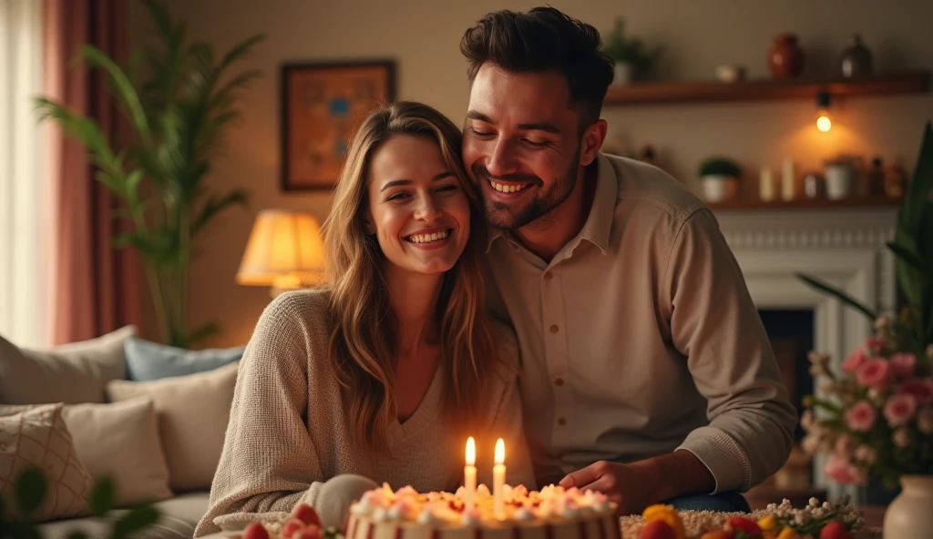 A realistic happy person with commemoring by the other person in the living room, the peoples is a couple.