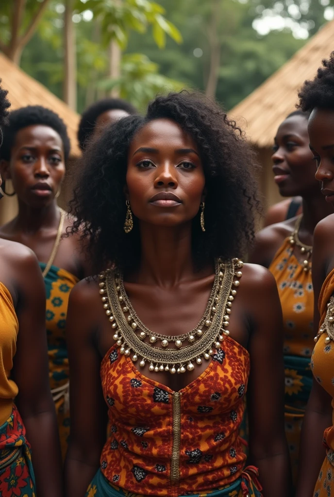 Create a picture of Mimme a beautiful African woman trying to hold back her tears when being mocked by her fellow women in a village setting