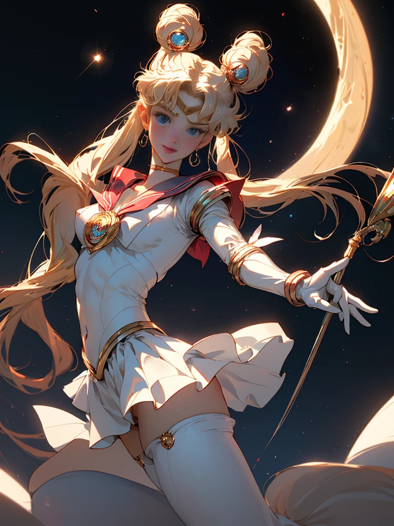 masterpiece、ful:1.3、stands、8k、。.3d、realisitic、Ultra Micro Photography、top-quality、Wallpapers with extreme details CG Unity 8k、frombelow、intricate detailes、(1 female)、28 year old、(Sailor Moon:1.6 Super Bishoujo Senshi Sailor Moon Mer1、meishaonv,tierra、Sailor Senshi Uniform Sailor:1.5、sailormoon:1.5,Eternal Sailor Moon)、(Incredibly long bright twin-tailed blonde:1.4、Thin and very long straight twin tail blonde, Hair buns、Red round hair ornament in a hair bun)、((Sailor Senshi Uniform:1.4、Metallic blue collar,Sailor color in metallic blue,Metallic Blue Pregate Ultra Mini Skirt:1.5、very large red bow on the chest,,Long white latex gloves,Red gloves on the elbows、Bare upper arms,Luxurious golden tiara on forehead、耳Nipple Ring,Luxurious Golden Jewelry Decoration、high leg swimsuit))、Very thin and fit high gloss white holographic leather、High Gloss White Silver Latex SEXY High Leg Cut Swimsuit That Shines Like Oil,Pants are visible,Sexy Model Pose:1.2、dynamicposes:1.2,huge white wings on the back(Details of face:1.5、Blue eyes、Beautiful expression、beautidful eyes、Outline of the iris, Eyes with highlights、thin lipss:1.5、thin and sharp pale eyebrows,、long eyeslashes、Double eyelashes、Thin, thin and muscular,,a small face、tall and large chest、perfectly proportions、big breasts thin waist、Visible Pore、seducting smile、perfect hand:1.5、octan render、highly dramatic picture、(Lunar divinity,cosmic background、rays of moonlight、a moon、Dynamic backgrounds、exquisite lighting and shadow、dynamic ungle、Detailed background),Strong natural light、sunlights、Digital SLR、sharp focus: 1.0、Maximum clarity and sharpness、mecha musume,(Rabbit, Double bun, Twin-tailed, Parted bangs, circlet, Jewelry, earrings, Choker, Red bow, White Gloves, elbow groves, Blue skirt)